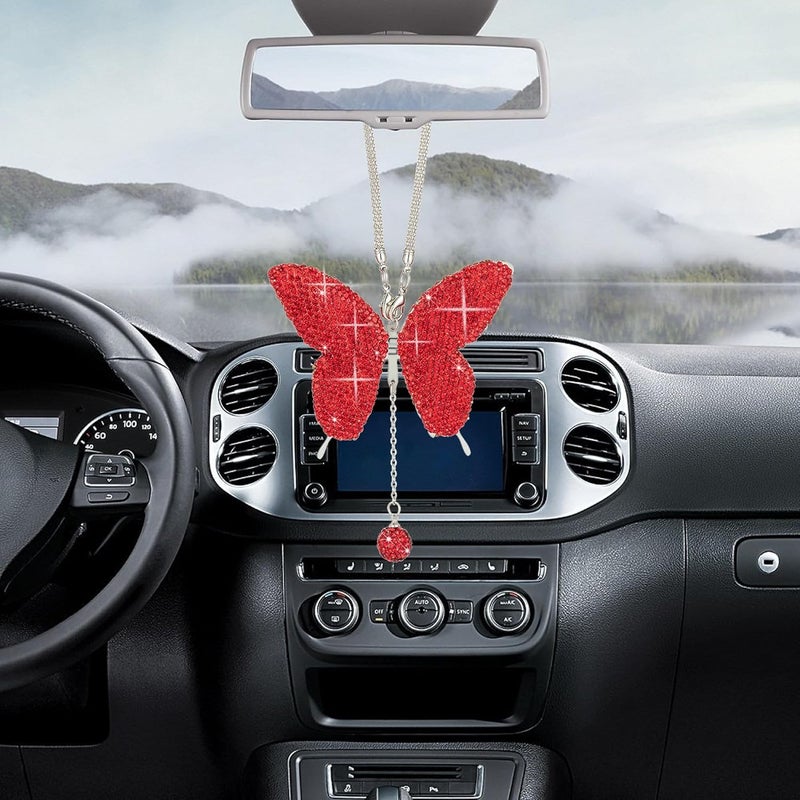 Couslcd Bling Butterfly Diamond Car Accessories, Crystal Car Rear View Mirror Charms for Women, Car Decoration Lucky Hanging Interior Crystal Ornament Pendant Decor for All Cars (Red) - Image 4